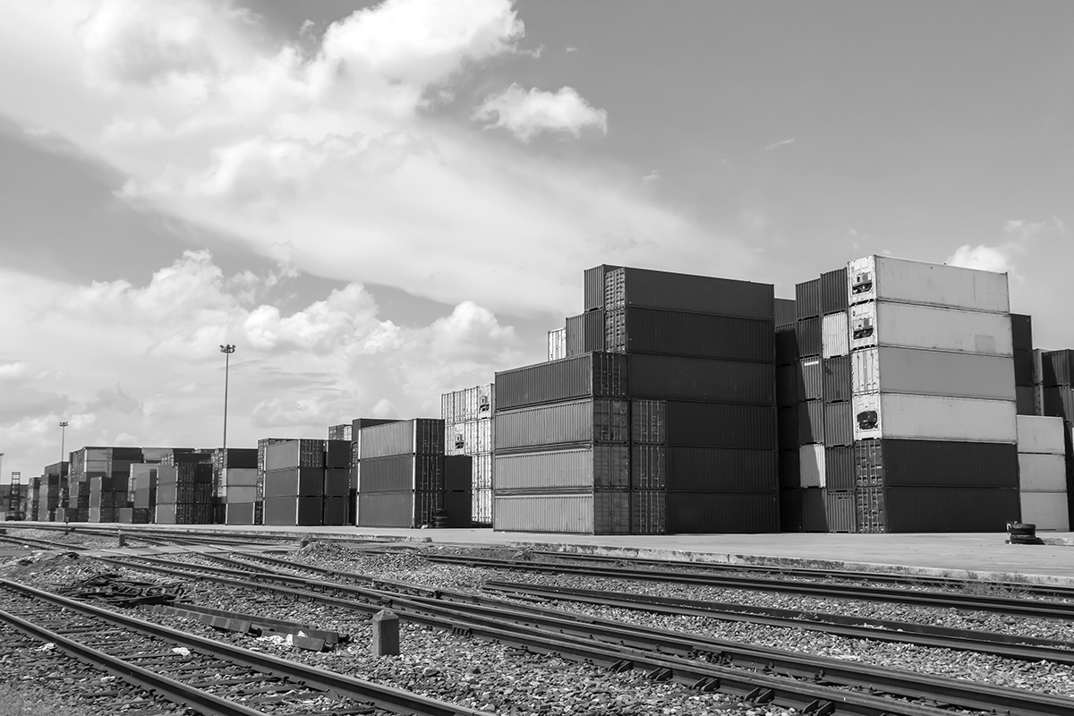 Aerial view of rail-connected industrial warehouse